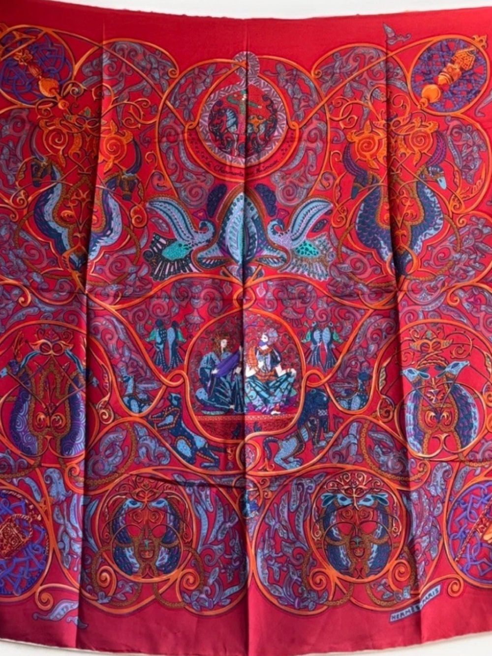 Hermes Silk Scarf Paris La Charmante Animaux Red Violet Purple Orange Blue Genie